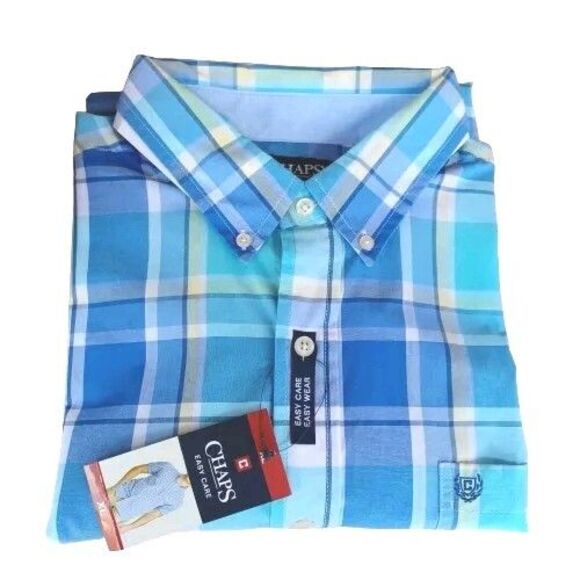 Chaps Men's Size XL Blue Plaid Short Sleeve Button Down Easy Care Shirt NWT - Picture 3 of 12